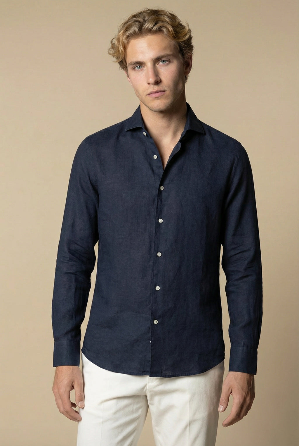 Long Sleeve Linen Shirt Navy